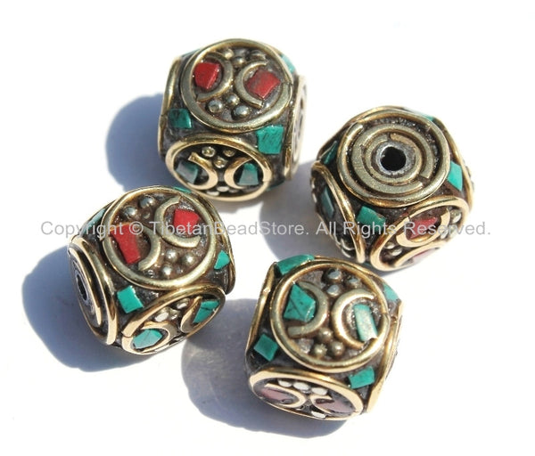 4 beads - Tibetan Cube Shaped Beads with Brass Circle, Studs, Turquoise & Coral Inlays - Ethnic Tibetan Beads - B2000-4