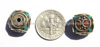 4 beads - Tibetan Cube Shaped Beads with Brass Circle, Studs, Turquoise & Coral Inlays - Ethnic Tibetan Beads - B2000-4