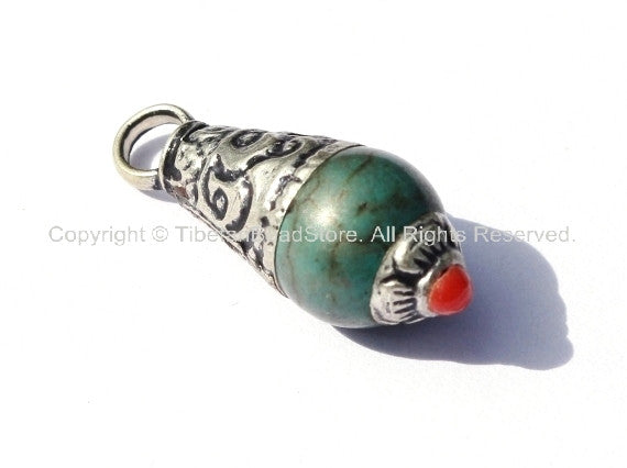 Tibetan Turquoise Drop Amulet Charm Pendant with Tibetan Silver Caps & Coral Accent - WM1871
