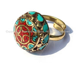 Adjustable Ring Turquoise, Coral, Brass Tibetan Ring Boho Ring Tibet Yoga Ethnic Ring Handmade Ring Tibetan Jewelry TibetanBeadStore- R107