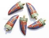 Tibetan Horn Tusk Amulet Pendant with Brass, Lapis, Turquoise & Coral Inlays - Boho Tribal Ethnic Tibetan Nepalese Horn Amulet - WM5028