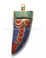 Tibetan Horn Tusk Amulet Pendant with Brass, Lapis, Turquoise & Coral Inlays - Boho Tribal Ethnic Tibetan Nepalese Horn Amulet - WM5028