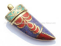 Tibetan Horn Tusk Amulet Pendant with Brass, Lapis, Turquoise & Coral Inlays - Boho Tribal Ethnic Tibetan Nepalese Horn Amulet - WM5028
