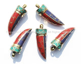 Tibetan Horn Tusk Amulet Pendant with Brass, Turquoise, Lapis & Coral Inlays - Boho Tribal Ethnic Tibetan Nepalese Horn Amulet - WM5016
