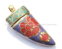 Tibetan Horn Tusk Amulet Pendant with Brass, Lapis, Turquoise & Coral Inlays - Boho Tribal Ethnic Tibetan Nepalese Horn Amulet - WM5026