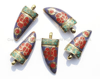Tibetan Horn Tusk Amulet Pendant with Brass, Lapis, Turquoise & Coral Inlays - Boho Tribal Ethnic Tibetan Nepalese Horn Amulet - WM5026