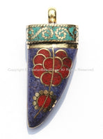 Tibetan Horn Tusk Amulet Pendant with Brass, Lapis, Turquoise & Coral Inlays - Boho Tribal Ethnic Tibetan Nepalese Horn Amulet - WM5026