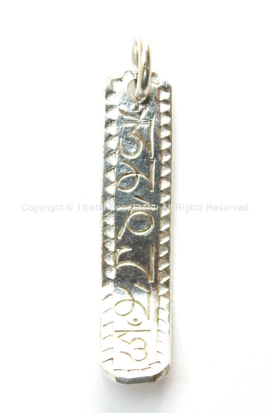 Om Mantra Bar Tibetan Silver-Plated Pendant with Curved End & Vajra Detail on Reverse - WM3228