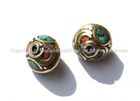 2 BEADS  Ethnic Tibetan Nepalese Floral Disc Brass Beads with Brass, Turquoise & Coral Inlays - B1800-2 - TibetanBeadStore