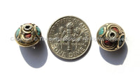 4 BEADS - Ethnic Tibetan Nepalese Floral Disc Brass Beads with Brass, Turquoise & Coral Inlays - B1800-4