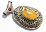 LARGE Ethnic Tibetan Pendant with Repousse Carved Lotus Floral Details, Amber & Turquoise Inlays - Handmade Nepal Tibetan Jewelry - WM5378