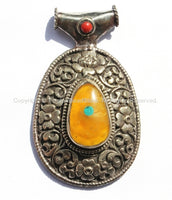 LARGE Ethnic Tibetan Pendant with Repousse Carved Lotus Floral Details, Amber & Turquoise Inlays - Handmade Nepal Tibetan Jewelry - WM5378