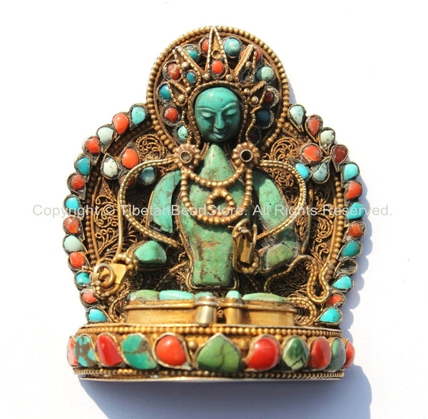 OOAK Vintage Tibetan Goldplated 92.5 Sterling Silver & Carved Old Turquoise Tara Figure with Turquoise, Coral Inlays, Fine Filigree - FJ89