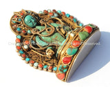 OOAK Vintage Tibetan Goldplated 92.5 Sterling Silver & Carved Old Turquoise Tara Figure with Turquoise, Coral Inlays, Fine Filigree - FJ89
