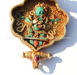 Vintage Tibetan Chenrezig & Mahakala Goldplated 92.5 Sterling Silver Ghau Amulet Pendant with Ruby, Emerald, Turquoise, Coral Inlays - FJ92