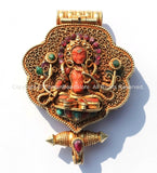Vintage Tibetan Chenrezig & Mahakala Goldplated 92.5 Sterling Silver Ghau Amulet Pendant with Ruby, Emerald, Turquoise, Coral Inlays - FJ92