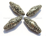 4 beads - Large Tibetan Silver Long Bicone Repousse Beads with Bird & Floral Details - 16mm x 42-43mm - Large Focal Pendant Bead - B2152-4