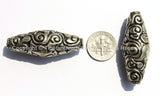 4 beads - Large Tibetan Silver Long Bicone Repousse Beads with Bird & Floral Details - 16mm x 42-43mm - Large Focal Pendant Bead - B2152-4