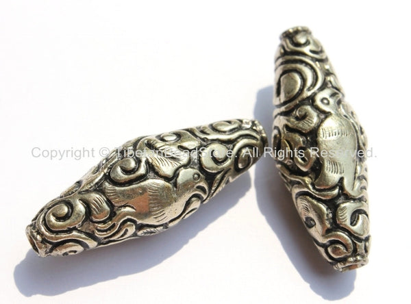 2 beads - Large Tibetan Silver Long Bicone Repousse Beads with Bird & Floral Details - 16mm x 42-43mm - Large Focal Pendant Bead - B2152-2