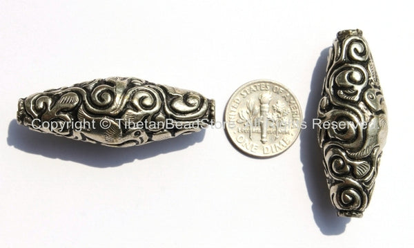 1 bead - Large Tibetan Silver Long Bicone Repousse Bead with Bird & Floral Details - 16mm x 42-43mm - Large Focal Pendant Bead - B2152-1