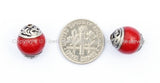 2 BEADS - Tibetan Red Coral Beads with Tibetan Silver Caps - Handmade Tibetan Jewelry - Red Tibetan Beads - B908-2