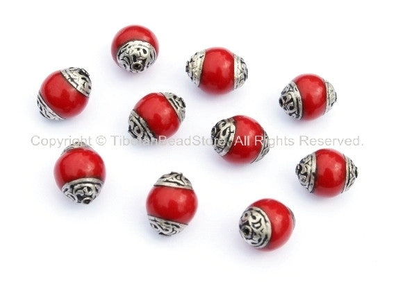 10 BEADS - Tibetan Red Coral Beads with Tibetan Silver Caps - Handmade Tibetan Jewelry- TibetanBeadStore - Red Tibetan Beads- B908-10