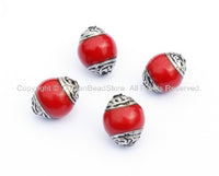 4 BEADS - Tibetan Red Coral Resin Beads with Tibetan Silver Caps - Tibetan Beads Pendants Jewelry - TibetanBeadStore - B908-4