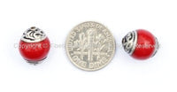 10 BEADS - Tibetan Red Coral Beads with Tibetan Silver Caps - Handmade Tibetan Jewelry- TibetanBeadStore - Red Tibetan Beads- B908-10