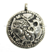 Ethnic Nepal Tibetan Silver Repousse Carved Guardian Lion Pendant - Temple Guardian Lion - Ethnic Artisan Handmade Jewelry - WM4761