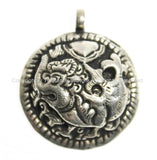 Ethnic Nepal Tibetan Silver Repousse Carved Guardian Lion Pendant - Temple Guardian Lion - Ethnic Artisan Handmade Jewelry - WM4761
