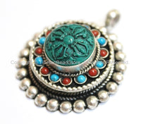 Tibetan Floral Double Vajra Ghau Prayer Box Pendant with Turquoise & Coral Inlays - Tibetan Pendant - Tibetan Jewelry - Prayer Box - WM5527
