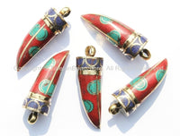 Tibetan Horn Tusk Amulet Pendant with Brass, Turquoise, Lapis & Coral Inlays - Boho Tribal Ethnic Tibetan Nepalese Horn Amulet - WM5019