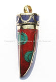 Tibetan Horn Tusk Amulet Pendant with Brass, Turquoise, Lapis & Coral Inlays - Boho Tribal Ethnic Tibetan Nepalese Horn Amulet - WM5019