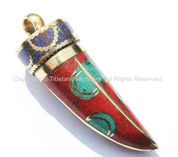 Tibetan Horn Tusk Amulet Pendant with Brass, Turquoise, Lapis & Coral Inlays - Boho Tribal Ethnic Tibetan Nepalese Horn Amulet - WM5019