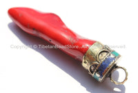 Tibetan Coral Stick Pendant with Brass Cap, Turquoise & Lapis Inlays - Ethnic Nepal Tibetan Handmade Jewelry - WM6077