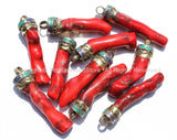 Tibetan Coral Stick Pendant with Brass Cap, Turquoise & Lapis Inlays - Ethnic Nepal Tibetan Handmade Jewelry - WM6077