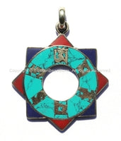 Tibetan Carved Mandala Pendant with Om Mani Padme Hung Mantra, Brass, Turquoise & Copal Coral Inlays - WM1101B