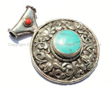 Large Ethnic Tibetan Pendant with Repousse Carved Lotus Floral Details & Turquoise, Coral Inlays - Large Tribal Tibetan Pendant - WM5433
