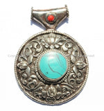 Large Ethnic Tibetan Pendant with Repousse Carved Lotus Floral Details & Turquoise, Coral Inlays - Large Tribal Tibetan Pendant - WM5433