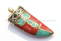 Tibetan Horn Tusk Amulet Pendant with Brass, Coral, Turquoise, Black Copal Inlays - Boho Tribal Ethnic Tibetan Horn Amulet - WM5039