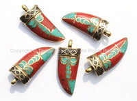 Tibetan Horn Tusk Amulet Pendant with Brass, Coral, Turquoise, Black Copal Inlays - Boho Tribal Ethnic Tibetan Horn Amulet - WM5039
