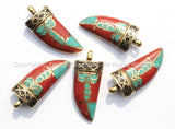 Tibetan Horn Tusk Amulet Pendant with Brass, Coral, Turquoise, Black Copal Inlays - Boho Tribal Ethnic Tibetan Horn Amulet - WM5039