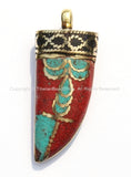 Tibetan Horn Tusk Amulet Pendant with Brass, Coral, Turquoise, Black Copal Inlays - Boho Tribal Ethnic Tibetan Horn Amulet - WM5039