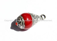 5 PENDANTS - Red Copal Resin Tibetan Drop Charm Pendants with Tibetan Silver Caps - Handmade Ethnic Tibetan Pendant - WM2837-5