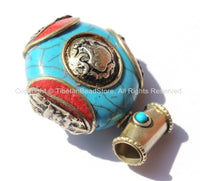 Tibetan Reversible Round Blue Copal Resin Pendant with Turquoise, Coral Inlays, Repousse Auspicious Conch & Vajra Details - Tibetan - WM6092
