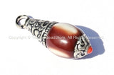 Tibetan Brown & White Copal Amulet Charm Pendant with Silver Caps and Copal Accent - WM1182