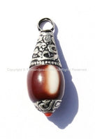 Tibetan Brown & White Copal Amulet Charm Pendant with Silver Caps and Copal Accent - WM1182