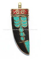 Long Tibetan Horn Tusk Pendant with Turquoise, Coral, Black & Brass Inlays with Brass Cap - Ethnic Tribal Boho Tibetan Horn Pendant - WM5015
