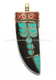 Long Tibetan Horn Tusk Pendant with Turquoise, Coral, Black & Brass Inlays with Brass Cap - Ethnic Tribal Boho Tibetan Horn Pendant - WM5015
