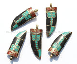 Long Tibetan Horn Tusk Pendant with Turquoise, Coral, Black & Brass Inlays with Brass Cap - Ethnic Tribal Boho Tibetan Horn Pendant - WM5015